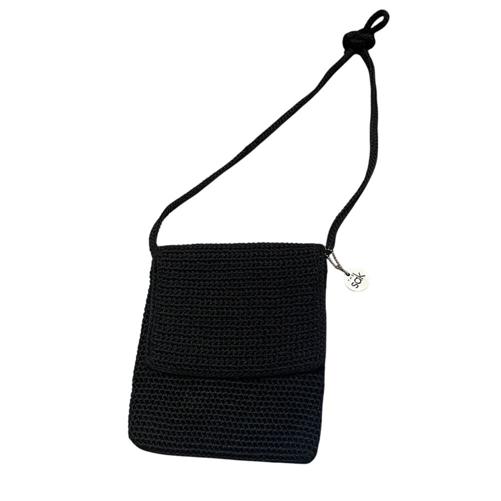 The Sak Black Crochet Crossbody Bag Flap Top Zip Handbag Silver Logo Charm